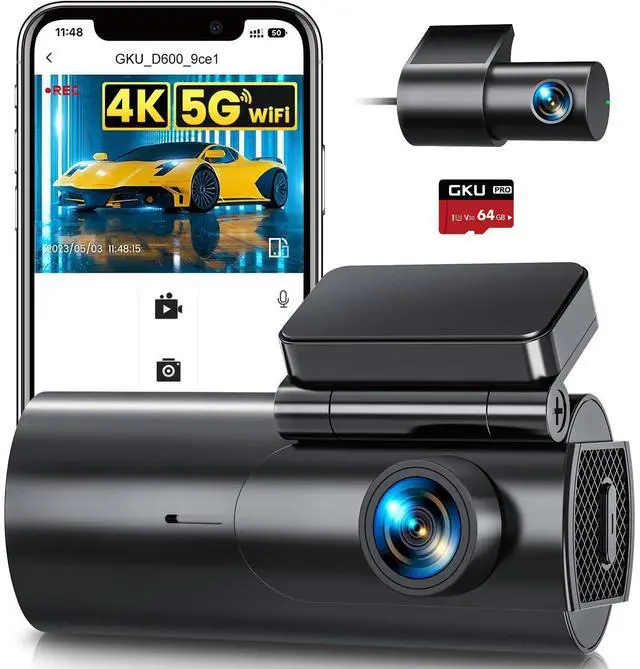 Main image of Dash Cam Front and Rear Camera  4K+1080P Dual Dash Camera for Cars with 64GB SD Card, 5GHz WiFi & App Control, Night Vision, Parking Mode, G-Sensor, Loop Recording, WDR, 170° Wide Angle