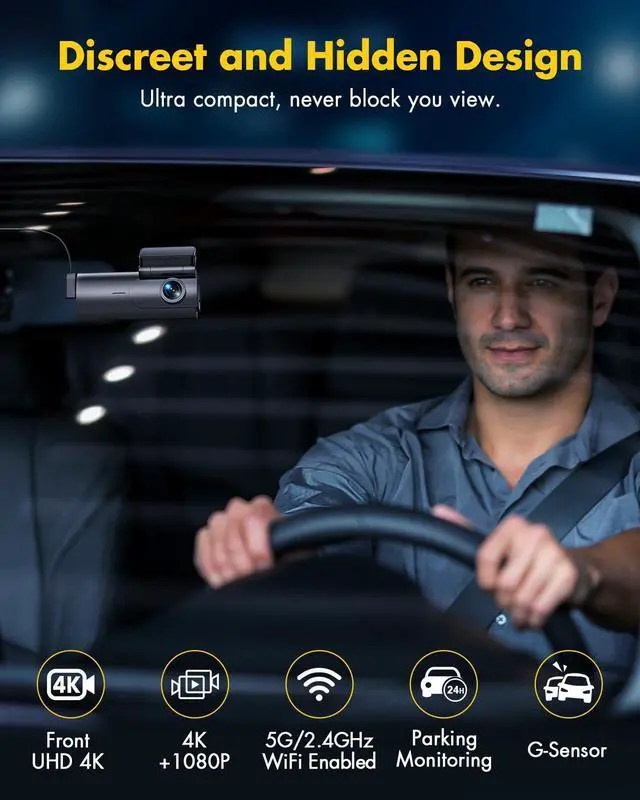 Alt view image 4 of 7 - Dash Cam Front and Rear Camera  4K+1080P Dual Dash Camera for Cars with 64GB SD Card, 5GHz WiFi & App Control, Night Vision, Parking Mode, G-Sensor, Loop Recording, WDR, 170° Wide Angle