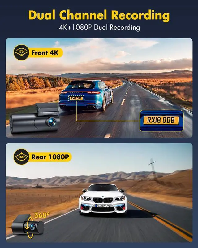 Alt view image 2 of 7 - Dash Cam Front and Rear Camera  4K+1080P Dual Dash Camera for Cars with 64GB SD Card, 5GHz WiFi & App Control, Night Vision, Parking Mode, G-Sensor, Loop Recording, WDR, 170° Wide Angle