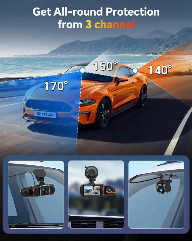 Alt view image 3 of 7 - Dash Cam Front and Rear Inside, 1080P 3 Channel Dash Camera for Cars with 64GB Card, Super Night Vision Dashcam, Car Camera with Loop Recording, G-Sensor, WDR, 24H Parking Monitor