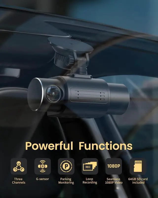 Alt view image 2 of 7 - Dash Cam Front Rear and Inside 1080P Three Channels with IR Night Vision Car Camera SD Card Included Dashboard Camera Dashcam for Cars HDR Motion Detection and G-Sensor for Car, Taxi, Uber