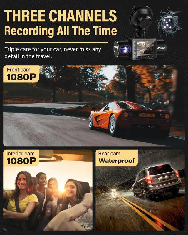 Alt view image 3 of 7 - Dash Cam Front Rear and Inside 1080P Three Channels with IR Night Vision Car Camera SD Card Included Dashboard Camera Dashcam for Cars HDR Motion Detection and G-Sensor for Car, Taxi, Uber