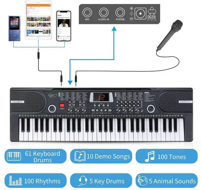 Alt view image 3 of 7 - Piano Keyboard, 61 Keys Beginner Electronic Keyboard Portable Digital Music Keyboard, Early Education Music Instrument with Microphone & Music Sheet Stand