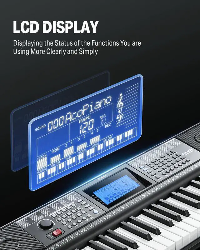 Alt view image 3 of 7 - 61 Key Keyboard Piano, Electric Piano Keyboard Kit with 249 Voices, 249 Rhythms - Includes Piano Stand, Stool, Microphone, Gift for Beginners, Black (DEK-610S)