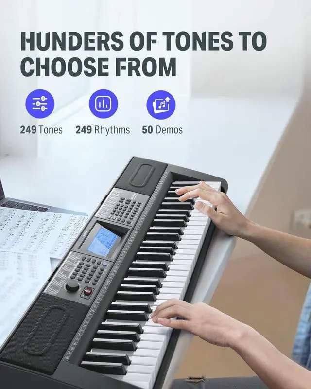 Alt view image 2 of 7 - 61 Key Keyboard Piano, Electric Piano Keyboard Kit with 249 Voices, 249 Rhythms - Includes Piano Stand, Stool, Microphone, Gift for Beginners, Black (DEK-610S)