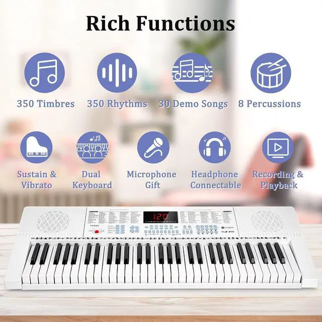 Alt view image 3 of 7 - VGK611 Electric Keyboard for Beginner, 61 Keys Portable Music Keyboard With Mini Lighted Keys, Electronic Piano for Kids, Boy, Girl, White