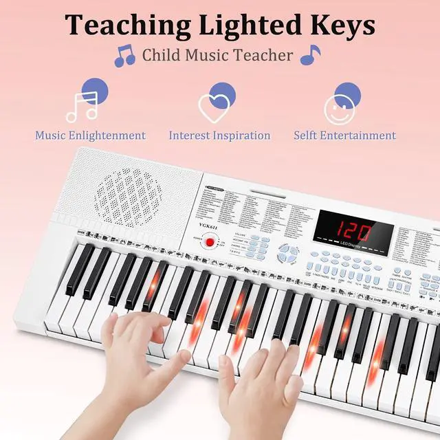 Alt view image 4 of 7 - VGK611 Electric Keyboard for Beginner, 61 Keys Portable Music Keyboard With Mini Lighted Keys, Electronic Piano for Kids, Boy, Girl, White
