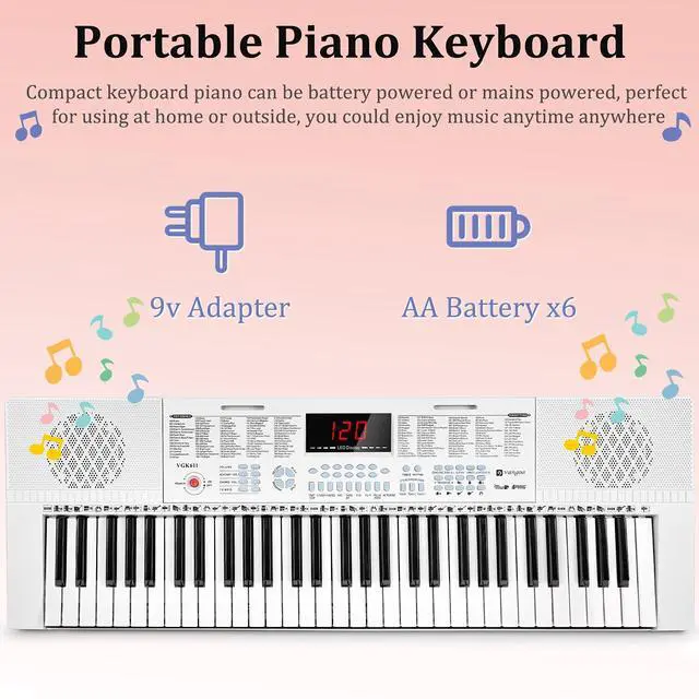 Alt view image 5 of 7 - VGK611 Electric Keyboard for Beginner, 61 Keys Portable Music Keyboard With Mini Lighted Keys, Electronic Piano for Kids, Boy, Girl, White