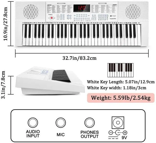 Alt view image 6 of 7 - VGK611 Electric Keyboard for Beginner, 61 Keys Portable Music Keyboard With Mini Lighted Keys, Electronic Piano for Kids, Boy, Girl, White