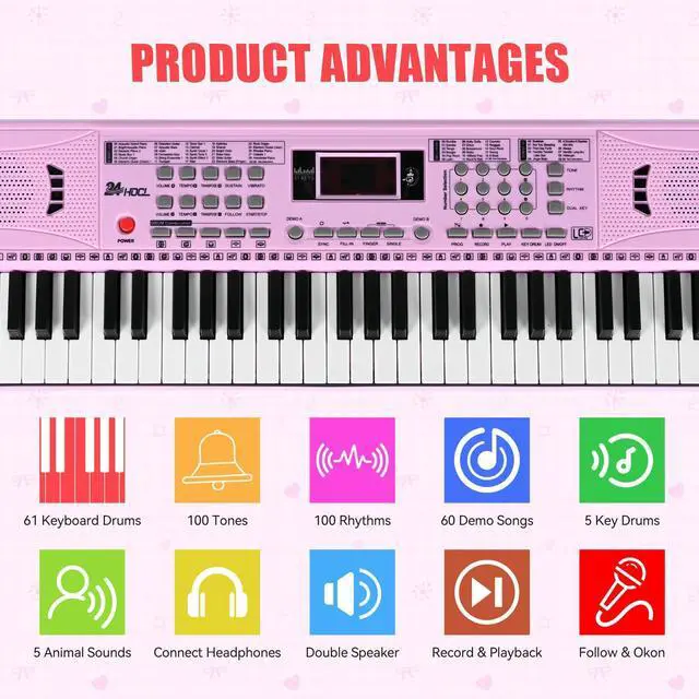 Alt view image 3 of 7 - 61 Key Keyboard Piano, Digital Kids Piano Keyboard with Stand, Gift for Early Education Children, Pink