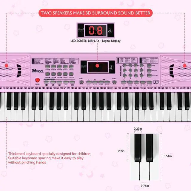 Alt view image 4 of 7 - 61 Key Keyboard Piano, Digital Kids Piano Keyboard with Stand, Gift for Early Education Children, Pink