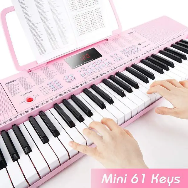 Alt view image 3 of 7 - VGK610 Piano Keyboard, 61 Mini Keys Portable Music Keyboard for Beginners with Microphone, 3 Teaching Modes, 350 Tones, 350 Rhythms, 30 Demos, Pink