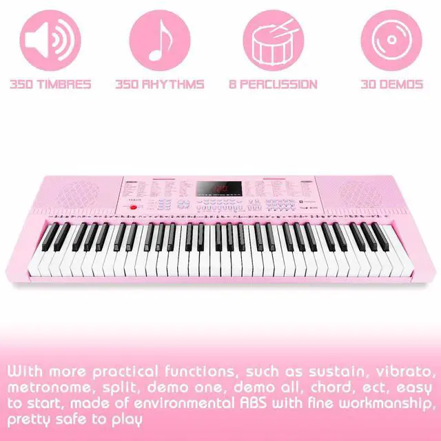 Alt view image 4 of 7 - VGK610 Piano Keyboard, 61 Mini Keys Portable Music Keyboard for Beginners with Microphone, 3 Teaching Modes, 350 Tones, 350 Rhythms, 30 Demos, Pink