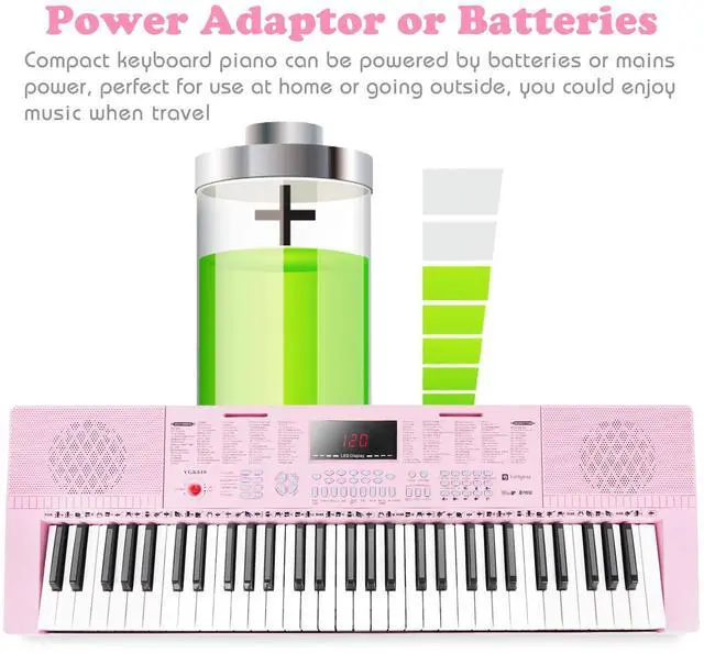 Alt view image 6 of 7 - VGK610 Piano Keyboard, 61 Mini Keys Portable Music Keyboard for Beginners with Microphone, 3 Teaching Modes, 350 Tones, 350 Rhythms, 30 Demos, Pink