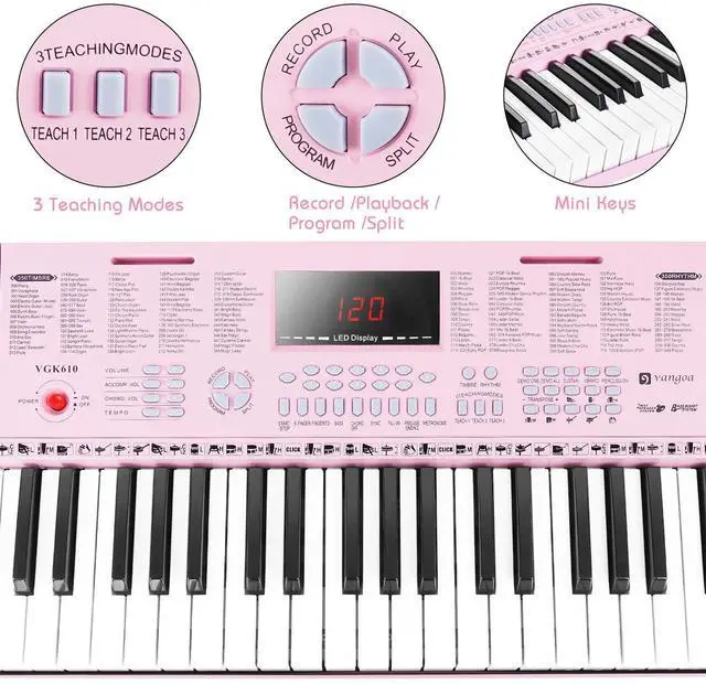 Alt view image 5 of 7 - VGK610 Piano Keyboard, 61 Mini Keys Portable Music Keyboard for Beginners with Microphone, 3 Teaching Modes, 350 Tones, 350 Rhythms, 30 Demos, Pink