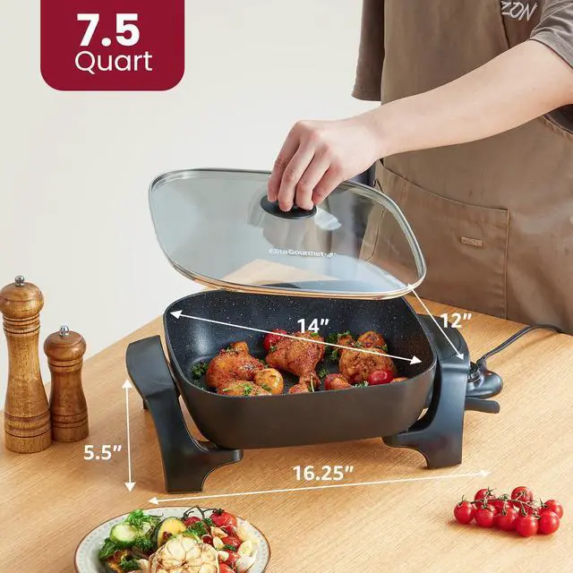 Alt view image 2 of 7 - EG6201 Extra Deep 12"x12"x3.2" (7.5Qt.) Scratch Resistant Dishwasher Safe, Non-stick Electric Skillet with Glass Vented Lid, Adjustable Temperature, Black