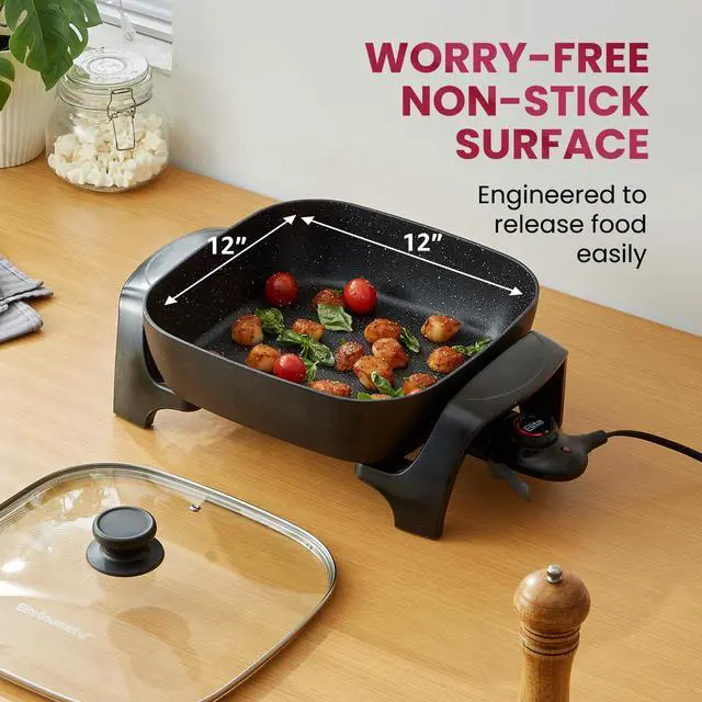Alt view image 4 of 7 - EG6201 Extra Deep 12"x12"x3.2" (7.5Qt.) Scratch Resistant Dishwasher Safe, Non-stick Electric Skillet with Glass Vented Lid, Adjustable Temperature, Black