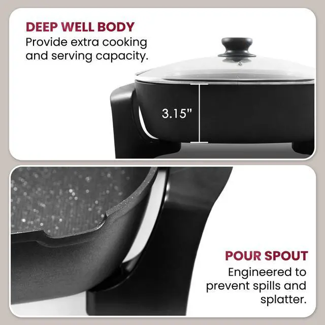 Alt view image 5 of 7 - EG6201 Extra Deep 12"x12"x3.2" (7.5Qt.) Scratch Resistant Dishwasher Safe, Non-stick Electric Skillet with Glass Vented Lid, Adjustable Temperature, Black