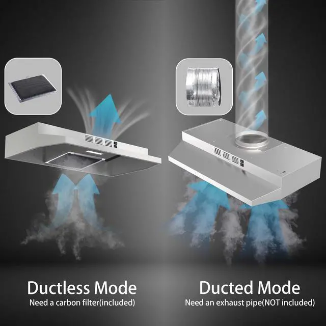 Alt view image 4 of 7 - 30 inch Range Hood Ducted/Ductless Convertible Stainless Steel Range Hood Under Cabinet with Rocker Button Control,Vent Hood with LED Light,2 Speed Exhaust Fan,Under Cabinet Hood,Silver