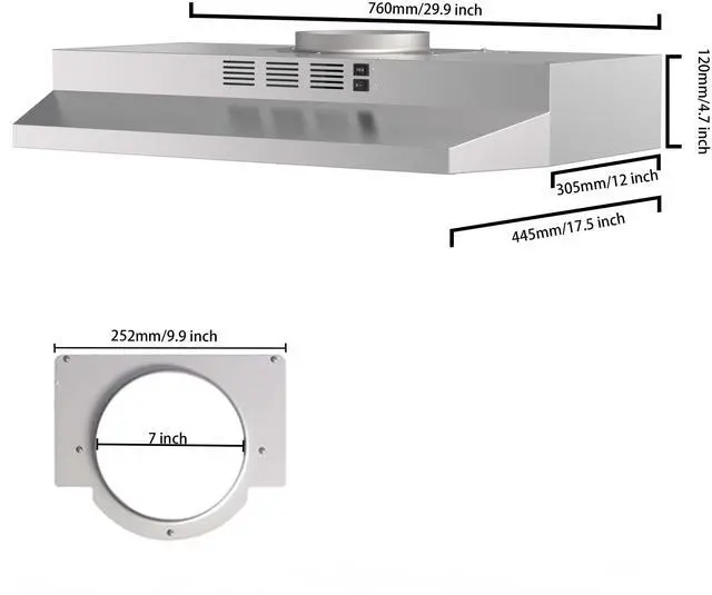 Alt view image 6 of 7 - 30 inch Range Hood Ducted/Ductless Convertible Stainless Steel Range Hood Under Cabinet with Rocker Button Control,Vent Hood with LED Light,2 Speed Exhaust Fan,Under Cabinet Hood,Silver