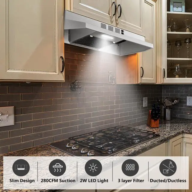 Alt view image 2 of 6 - Range Hood 30 inch Under Cabinet, Stainless Steel Kitchen Vent Hood 280CFM, Built-in Kitchen Stove Hood w/Rocker Button Control, Ducted/Ductless Convertible Duct, 2 Speeds Fan, Bright LED Light