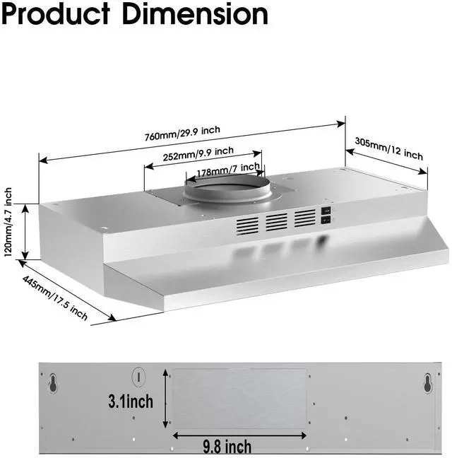 Alt view image 6 of 6 - Range Hood 30 inch Under Cabinet, Stainless Steel Kitchen Vent Hood 280CFM, Built-in Kitchen Stove Hood w/Rocker Button Control, Ducted/Ductless Convertible Duct, 2 Speeds Fan, Bright LED Light