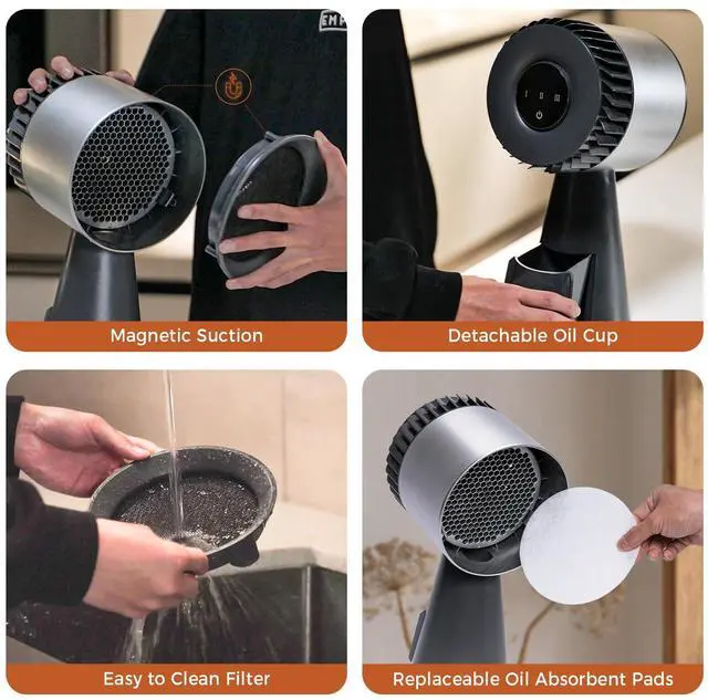 Alt view image 5 of 7 - Portable Range Hood for Cooking 3-Speed Desktop Kitchen Exhaust Fan for Indoor BBQ, Hot Pot and RV Detachable Oil Cup, 13pc Cotton Filter, Silver Grey