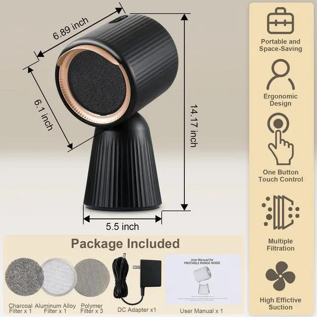 Alt view image 7 of 7 - Portable Range Hood, Desktop Range Hood w/ 3 Wind Speed, One Button Control, Portable Kitchen Exhaust Fan with Detachable Filters, Kitchen Hood for Indoor BBQ, Hot Pot