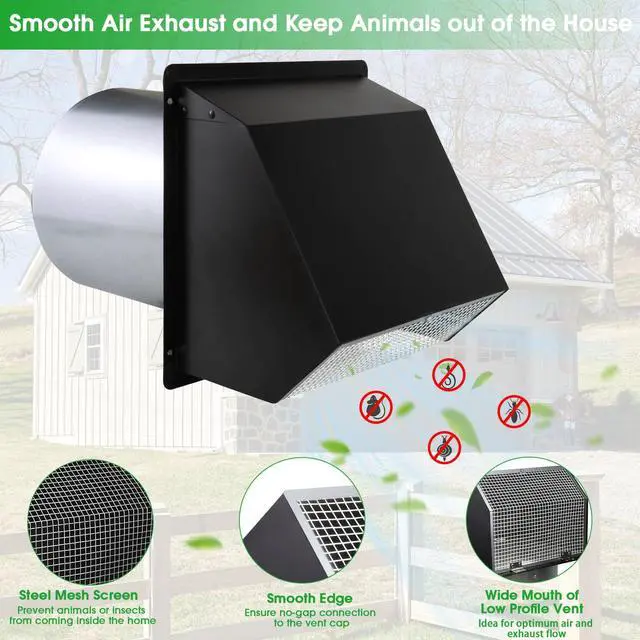 Alt view image 3 of 7 - 8 Inch Wall Vent Hood Wall Exhaust Vent Cover Outdoor Hooded Wall Vent with Screen and Damper,Wall Vent Cover Cap Exterior Air Exhaust for Kitchen Range Hood HVAC Duct Dryer Vent,Galvanized Steel