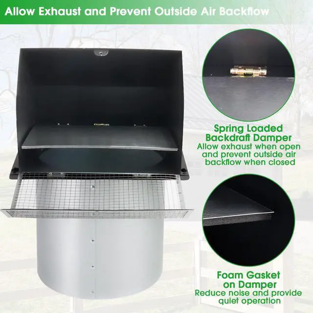 Alt view image 4 of 7 - 8 Inch Wall Vent Hood Wall Exhaust Vent Cover Outdoor Hooded Wall Vent with Screen and Damper,Wall Vent Cover Cap Exterior Air Exhaust for Kitchen Range Hood HVAC Duct Dryer Vent,Galvanized Steel