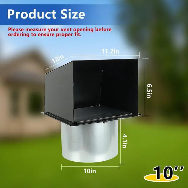 Alt view image 2 of 7 - 10 Inch Hooded Wall Vent with Screen and Damper, Metal Exhaust Vent Cover Cap, for Exterior Kitchen Range Hood Dryer Ventilation, Outdoor Wall Duct Vent-Cap (Black)