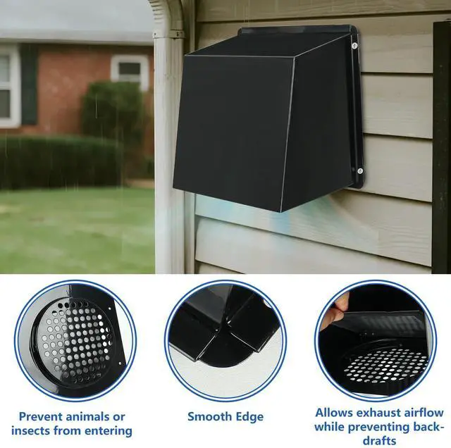 Alt view image 5 of 7 - 10 Inch Hooded Wall Vent with Screen and Damper, Metal Exhaust Vent Cover Cap, for Exterior Kitchen Range Hood Dryer Ventilation, Outdoor Wall Duct Vent-Cap (Black)