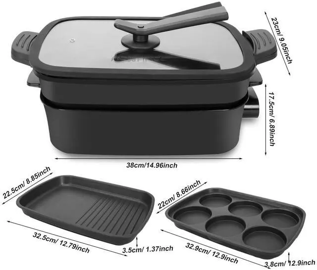 Alt view image 5 of 7 - 3-in-1 Multifunctional Electric Grill,Electric Skillet Nonstick with Lids 1400W Party Griddle for Cooking Meats &Pancake