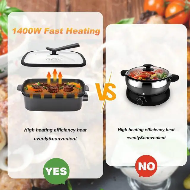 Alt view image 4 of 6 - 2-in-1 Multifunctional Electric Grill,Indoor Smokeless Electric Griddle Electric Skillet with Removable Non-Stick Plate+Pot+Lid,1400W Adjustable Temperature Party Griddle