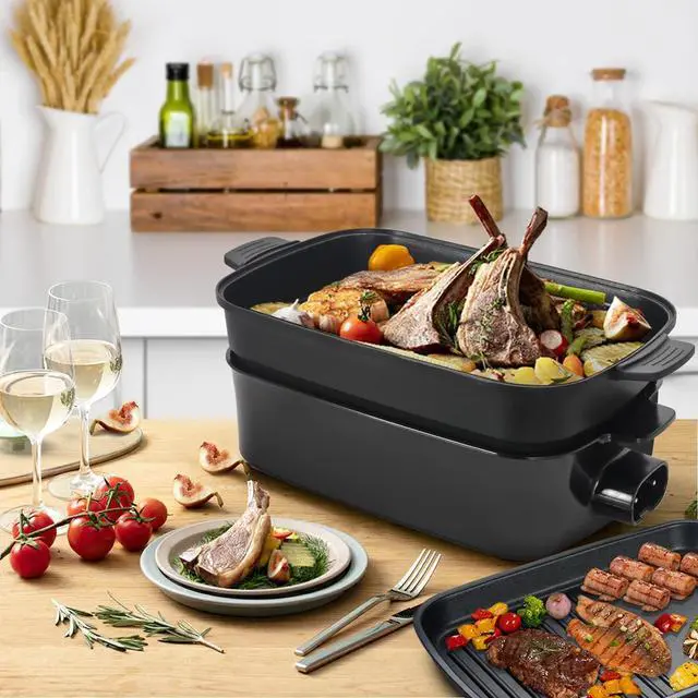 Alt view image 6 of 6 - 2-in-1 Multifunctional Electric Grill,Indoor Smokeless Electric Griddle Electric Skillet with Removable Non-Stick Plate+Pot+Lid,1400W Adjustable Temperature Party Griddle