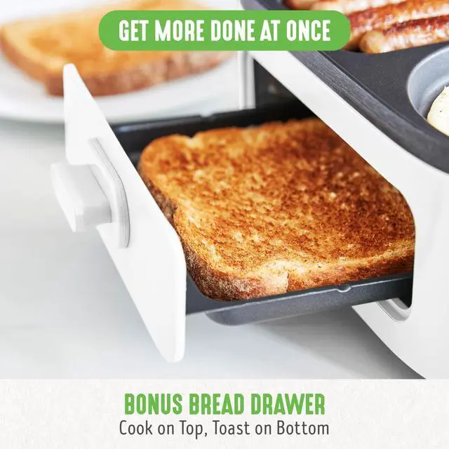Alt view image 6 of 7 - 3-in-1 Breakfast Maker Station, Healthy Ceramic Nonstick Dual Griddles for Eggs Meat Sausage Bacon Pancakes and Breakfast Sandwiches, 2 Slice Toast Drawer, Easy-to-use Timer, White
