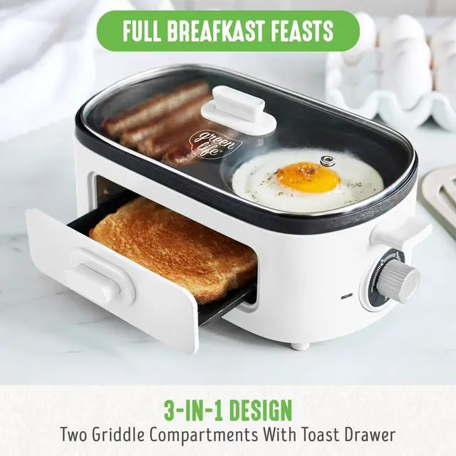 Alt view image 5 of 7 - 3-in-1 Breakfast Maker Station, Healthy Ceramic Nonstick Dual Griddles for Eggs Meat Sausage Bacon Pancakes and Breakfast Sandwiches, 2 Slice Toast Drawer, Easy-to-use Timer, White