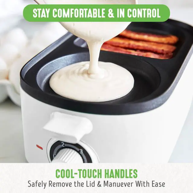 Alt view image 3 of 7 - 3-in-1 Breakfast Maker Station, Healthy Ceramic Nonstick Dual Griddles for Eggs Meat Sausage Bacon Pancakes and Breakfast Sandwiches, 2 Slice Toast Drawer, Easy-to-use Timer, White