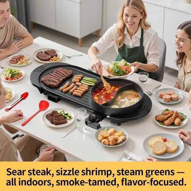 Alt view image 2 of 7 - 2200W Electric Grill & Hot Pot Combo with Dual Zone Control - 26.6" Large Yin-Yang Nonstick Skillet, Indoor Smokeless BBQ Grill for Family Party, Adjustable Temperature & Easy Clean