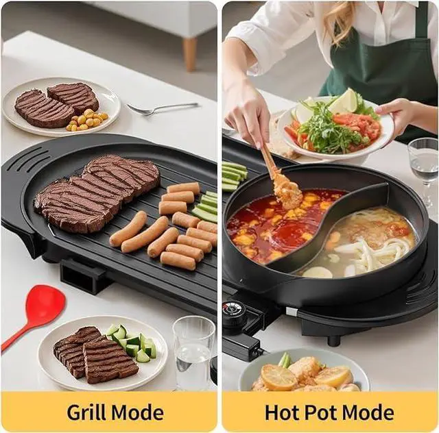 Alt view image 4 of 7 - 2200W Electric Grill & Hot Pot Combo with Dual Zone Control - 26.6" Large Yin-Yang Nonstick Skillet, Indoor Smokeless BBQ Grill for Family Party, Adjustable Temperature & Easy Clean