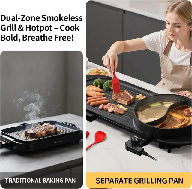 Alt view image 6 of 7 - 2200W Electric Grill & Hot Pot Combo with Dual Zone Control - 26.6" Large Yin-Yang Nonstick Skillet, Indoor Smokeless BBQ Grill for Family Party, Adjustable Temperature & Easy Clean