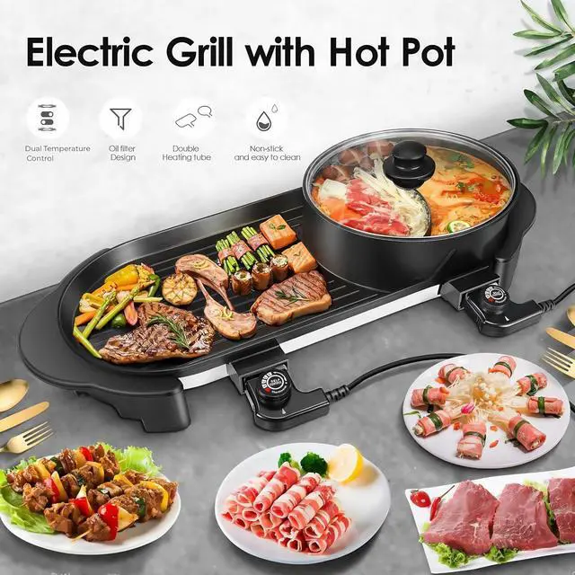 Alt view image 2 of 7 - Hot Pot with Grill, Korean BBQ Grill Indoor Hotpot Pot Electric Combo, Shabu Shabu Pot with Divider KBBQ Grill Smokeless Non-stick Separate Dual Temperature Control, for 2-12 People, 110V