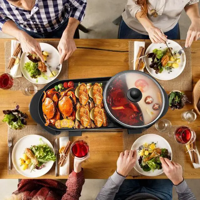 Alt view image 7 of 7 - Hot Pot with Grill, Korean BBQ Grill Indoor Hotpot Pot Electric Combo, Shabu Shabu Pot with Divider KBBQ Grill Smokeless Non-stick Separate Dual Temperature Control, for 2-12 People, 110V
