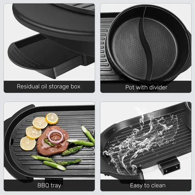 Alt view image 6 of 7 - Hot Pot with Grill, Korean BBQ Grill Indoor Hotpot Pot Electric Combo, Shabu Shabu Pot with Divider KBBQ Grill Smokeless Non-stick Separate Dual Temperature Control, for 2-12 People, 110V