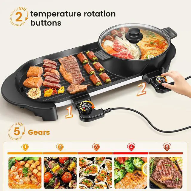 Alt view image 3 of 7 - Electric Hot Pot with Grill Indoor Korean BBQ Grill Shabu-shabu Hotpot, Removable Hotpot Pot W/Large Capacity Baking Tray, Smokeless Non-Stick, 5-Gear Adjustable Temperature, 1-6 People 110V