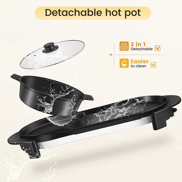 Alt view image 6 of 7 - Electric Hot Pot with Grill Indoor Korean BBQ Grill Shabu-shabu Hotpot, Removable Hotpot Pot W/Large Capacity Baking Tray, Smokeless Non-Stick, 5-Gear Adjustable Temperature, 1-6 People 110V