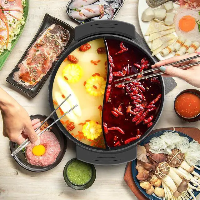 Alt view image 2 of 7 - Electric Hot Pot with Divider Hotpot Pot Electric Hopot Cooker Shabu Shabu Pot 110V 1200W Non-Stick 6-Quart BPA FREE Fondue Chinese Hot Pot