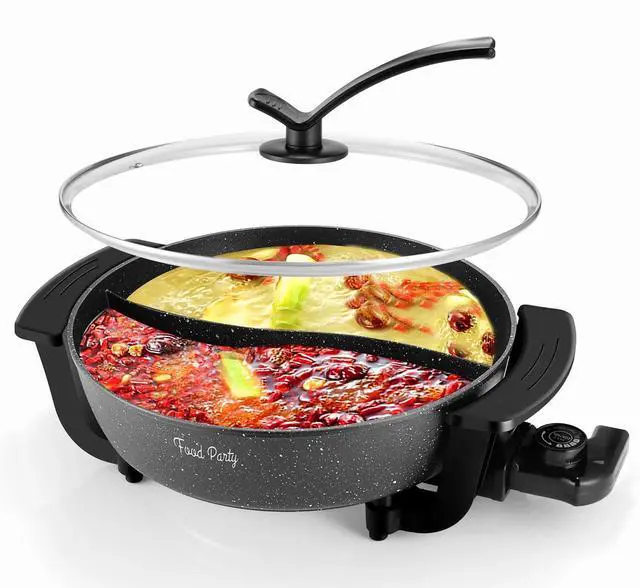 Main image of Electric Hot Pot with Divider Hotpot Pot Electric Hopot Cooker Shabu Shabu Pot 110V 1200W Non-Stick 6-Quart BPA FREE Fondue Chinese Hot Pot