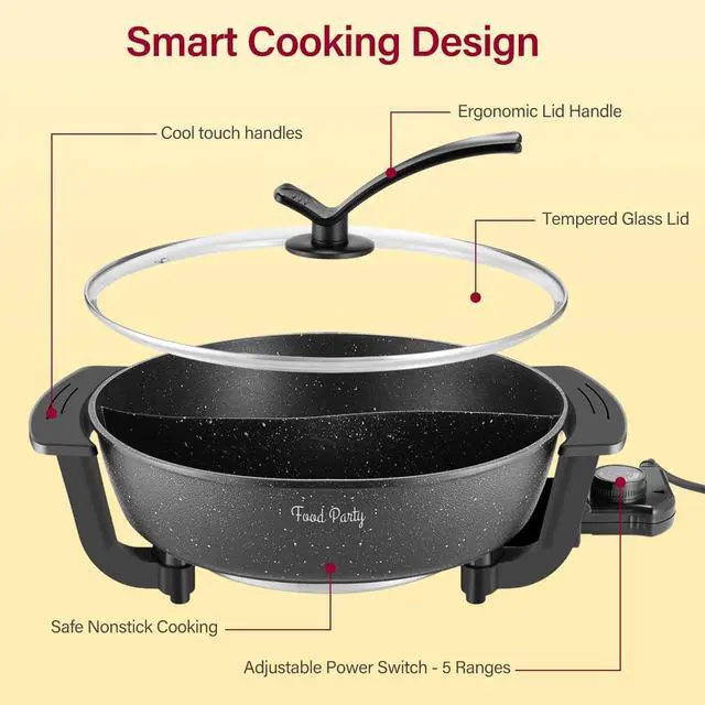 Alt view image 3 of 7 - Electric Hot Pot with Divider Hotpot Pot Electric Hopot Cooker Shabu Shabu Pot 110V 1200W Non-Stick 6-Quart BPA FREE Fondue Chinese Hot Pot