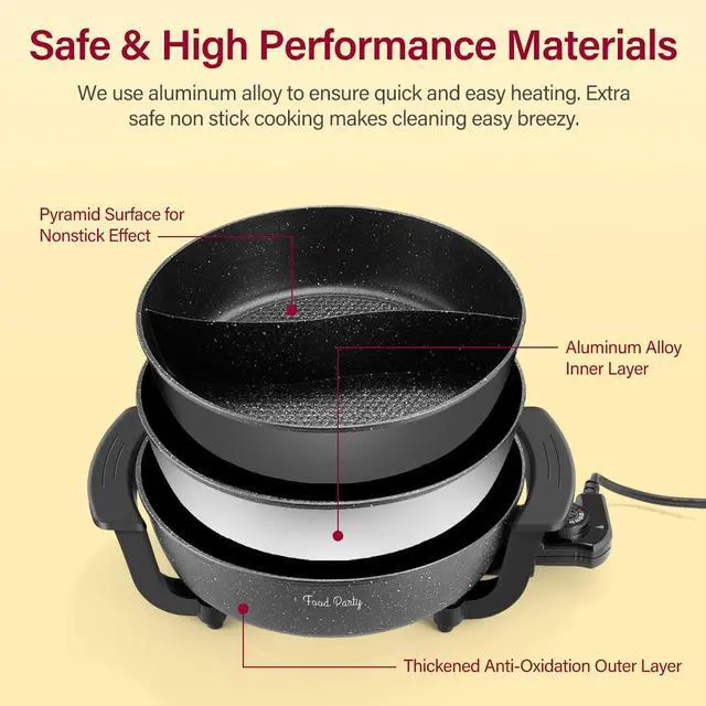 Alt view image 5 of 7 - Electric Hot Pot with Divider Hotpot Pot Electric Hopot Cooker Shabu Shabu Pot 110V 1200W Non-Stick 6-Quart BPA FREE Fondue Chinese Hot Pot